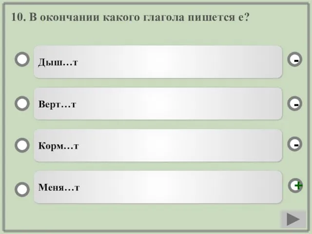 10. В окончании какого глагола пишется е? Дыш…т Верт…т Корм…т Меня…т - - + -