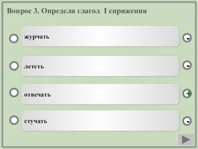 Вопрос 3. Определи глагол I спряжения отвечать лететь стучать журчать - - + -