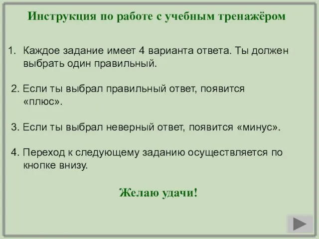 Инструкция по работе с учебным тренажёром Каждое задание имеет 4 варианта