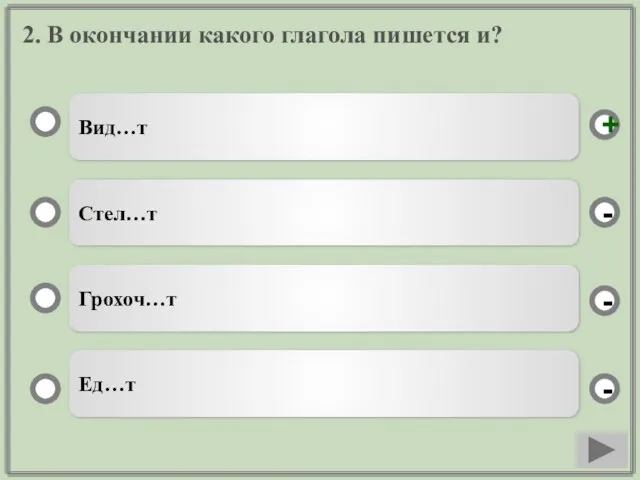 2. В окончании какого глагола пишется и? Вид…т Стел…т Грохоч…т Ед…т - - + -