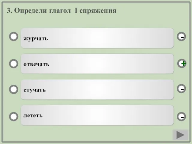 3. Определи глагол I спряжения журчать отвечать стучать лететь - - + -