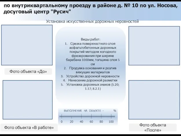 Установка искусственных дорожных неровностей Фото объекта «До» Фото объекта «В работе»