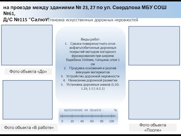 Установка искусственных дорожных неровностей Фото объекта «До» Фото объекта «В работе»