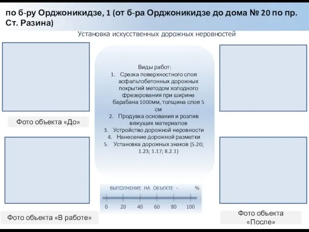 Установка искусственных дорожных неровностей Фото объекта «До» Фото объекта «В работе»