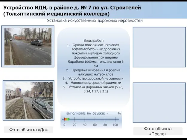 Установка искусственных дорожных неровностей Фото объекта «До» Фото объекта «После» Устройство