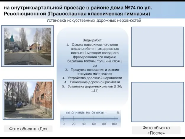 Установка искусственных дорожных неровностей Фото объекта «До» Фото объекта «После» на