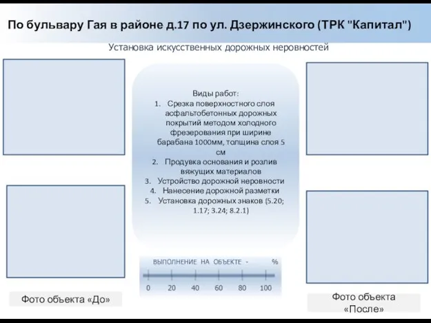 Установка искусственных дорожных неровностей Фото объекта «До» Фото объекта «После» По