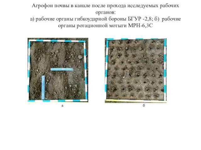 Агрофон почвы в канале после прохода исследуемых рабочих органов: а) рабочие