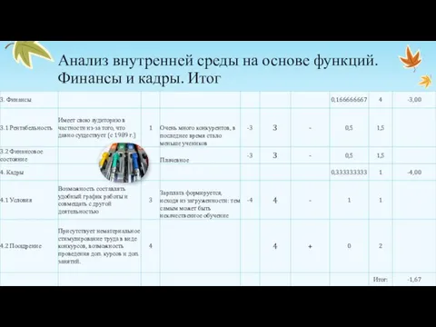 Анализ внутренней среды на основе функций. Финансы и кадры. Итог