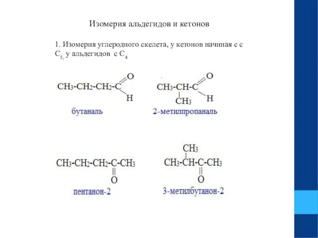 Изомерия альдегидов и кетонов 1. Изомерия углеродного скелета, у кетонов начиная