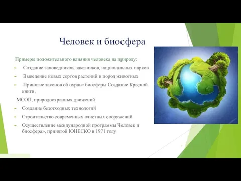 Человек и биосфера Примеры положительного влияния человека на природу: Создание заповедников,