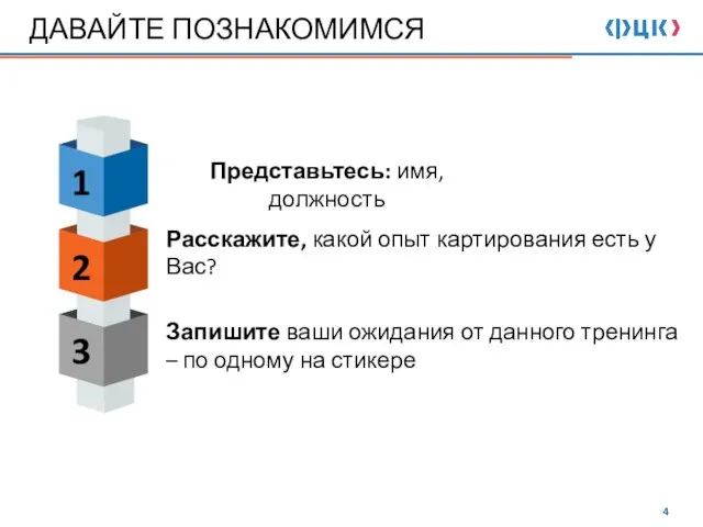 ДАВАЙТЕ ПОЗНАКОМИМСЯ 1 2 3 Представьтесь: имя, должность Расскажите, какой опыт