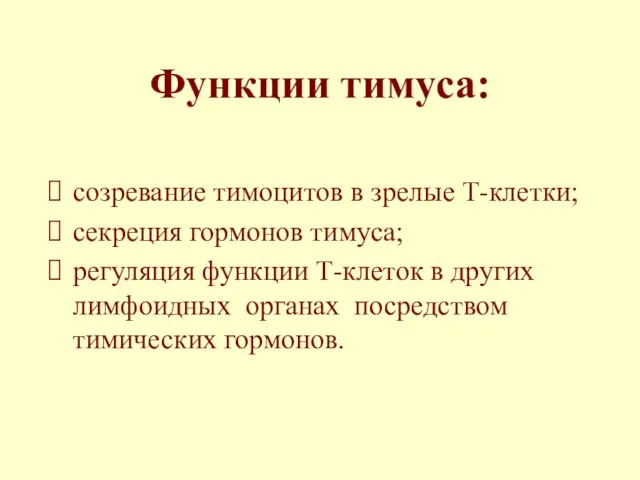 Функции тимуса: созревание тимоцитов в зрелые Т-клетки; секреция гормонов тимуса; регуляция