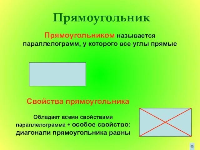 Прямоугольник Прямоугольником называется параллелограмм, у которого все углы прямые Свойства прямоугольника