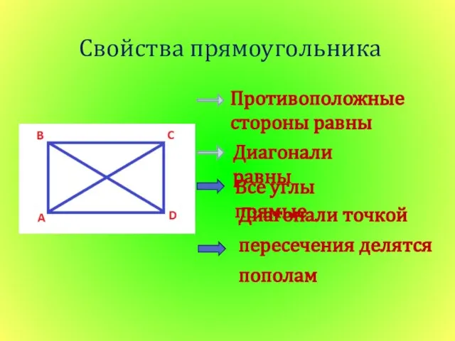 Свойства прямоугольника Противоположные стороны равны Все углы прямые Диагонали равны Диагонали точкой пересечения делятся пополам