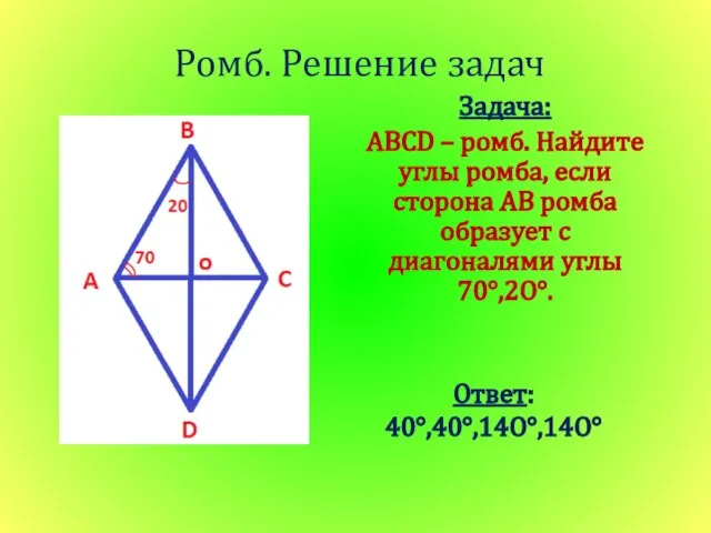 Ромб. Решение задач Задача: ABCD – ромб. Найдите углы ромба, если