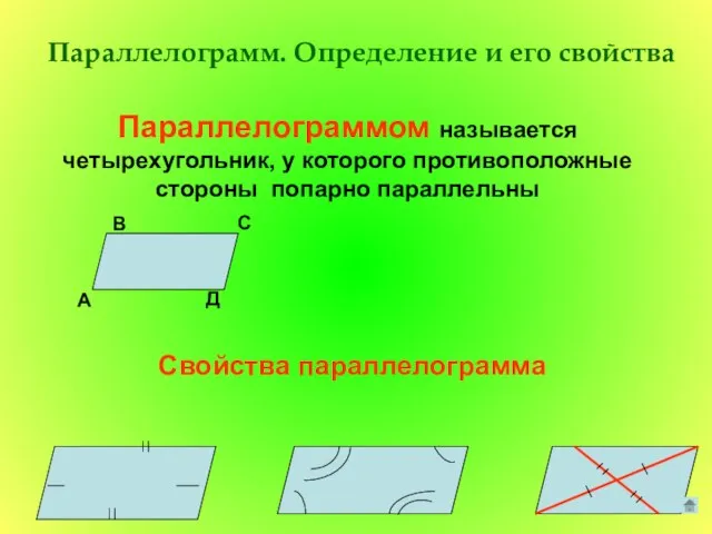 Параллелограмм. Определение и его свойства Параллелограммом называется четырехугольник, у которого противоположные