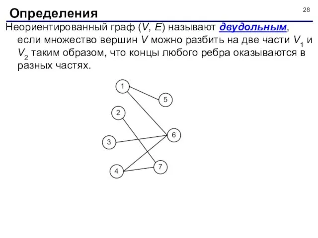 Неориентированный граф (V, E) называют двудольным, если множество вершин V можно