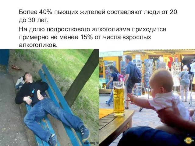 Более 40% пьющих жителей составляют люди от 20 до 30 лет.