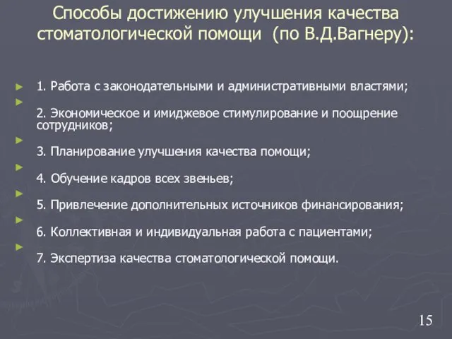 Способы достижению улучшения качества стоматологической помощи (по В.Д.Вагнеру): 1. Работа с