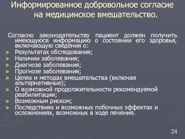 Информированное добровольное согласие на медицинское вмешательство. Согласно законодательству пациент должен получить