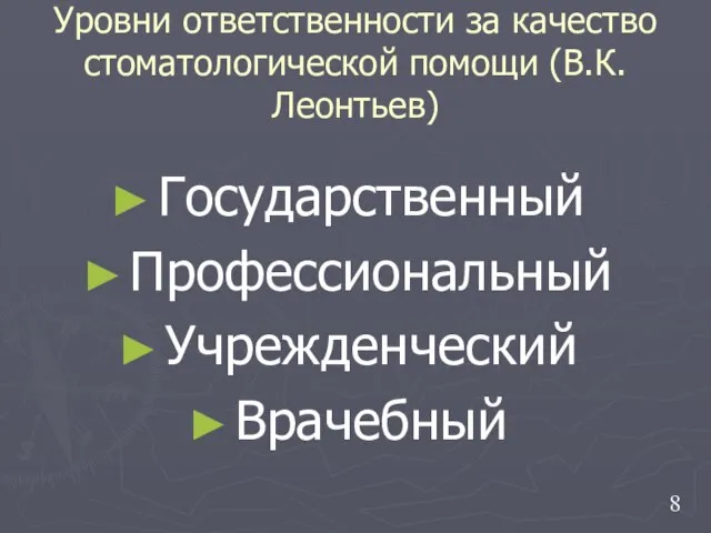 Уровни ответственности за качество стоматологической помощи (В.К.Леонтьев) Государственный Профессиональный Учрежденческий Врачебный