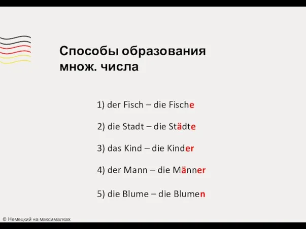 Способы образования множ. числа © Немецкий на максималках 1) der Fisch