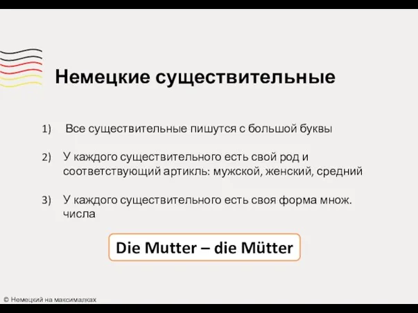 Немецкие существительные Все существительные пишутся с большой буквы У каждого существительного