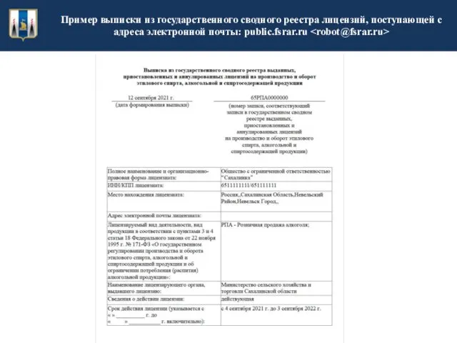 Пример выписки из государственного сводного реестра лицензий, поступающей с адреса электронной почты: public.fsrar.ru