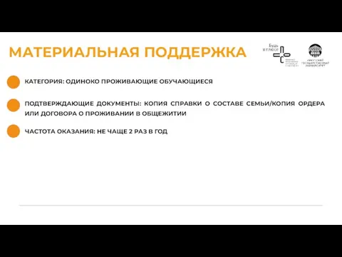 МАТЕРИАЛЬНАЯ ПОДДЕРЖКА КАТЕГОРИЯ: ОДИНОКО ПРОЖИВАЮЩИЕ ОБУЧАЮЩИЕСЯ ЧАСТОТА ОКАЗАНИЯ: НЕ ЧАЩЕ 2