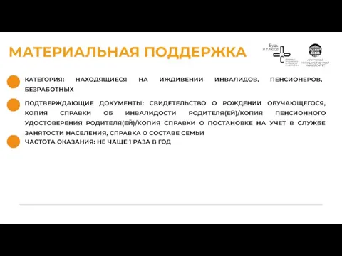 МАТЕРИАЛЬНАЯ ПОДДЕРЖКА КАТЕГОРИЯ: НАХОДЯЩИЕСЯ НА ИЖДИВЕНИИ ИНВАЛИДОВ, ПЕНСИОНЕРОВ, БЕЗРАБОТНЫХ ЧАСТОТА ОКАЗАНИЯ: