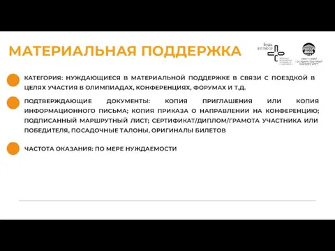 МАТЕРИАЛЬНАЯ ПОДДЕРЖКА КАТЕГОРИЯ: НУЖДАЮЩИЕСЯ В МАТЕРИАЛЬНОЙ ПОДДЕРЖКЕ В СВЯЗИ С ПОЕЗДКОЙ