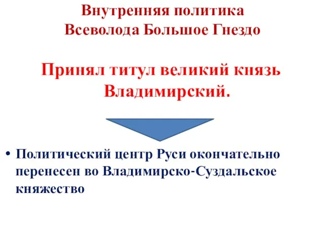 Внутренняя политика Всеволода Большое Гнездо Принял титул великий князь Владимирский. Политический