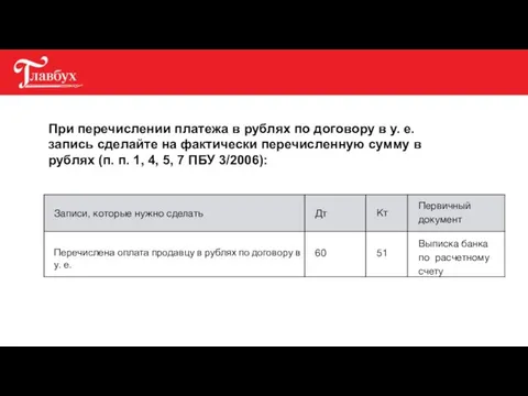 При перечислении платежа в рублях по договору в у. е. запись