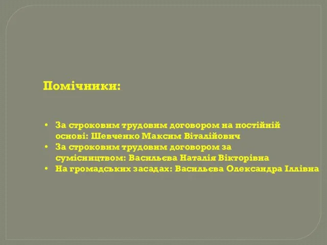 Помічники: За строковим трудовим договором на постійній основі: Шевченко Максим Віталійович