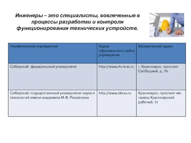 Инженеры – это специалисты, вовлеченные в процессы разработки и контроля функционирования технических устройств.