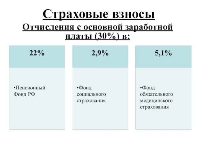 Страховые взносы Отчисления с основной заработной платы (30%) в: