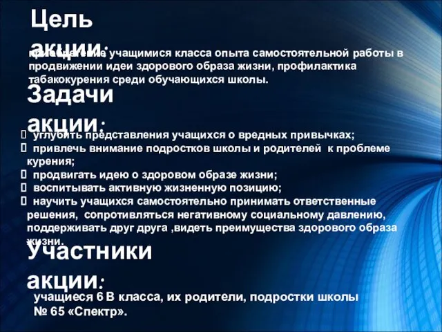 Цель акции: приобретение учащимися класса опыта самостоятельной работы в продвижении идеи