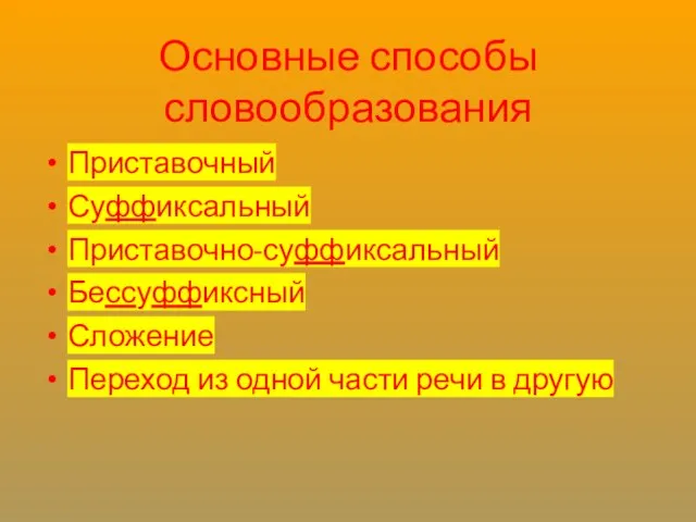 Основные способы словообразования Приставочный Суффиксальный Приставочно-суффиксальный Бессуффиксный Сложение Переход из одной части речи в другую