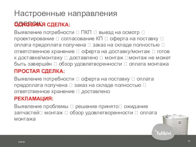 Настроенные направления сделок: ОСНОВНАЯ СДЕЛКА: Выявление потребности ? ПКП ? выезд