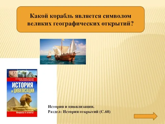 Какой корабль является символом великих географических открытий? КАРАВЕЛЛА История и цивилизации. Раздел: История открытий (С.68)