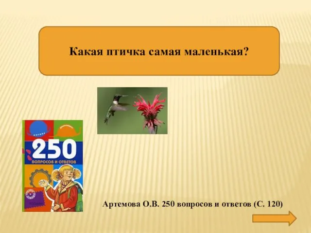 Какая птичка самая маленькая? КОЛИБРИ-ПЧЕЛКА Артемова О.В. 250 вопросов и ответов (С. 120)