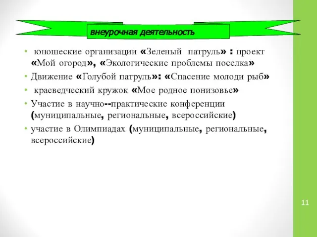 юношеские организации «Зеленый патруль» : проект «Мой огород», «Экологические проблемы поселка»