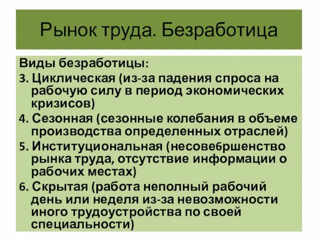 Рынок труда. Безработица Виды безработицы: 3. Циклическая (из-за падения спроса на