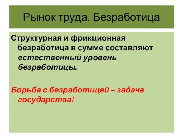 Рынок труда. Безработица Структурная и фрикционная безработица в сумме составляют естественный