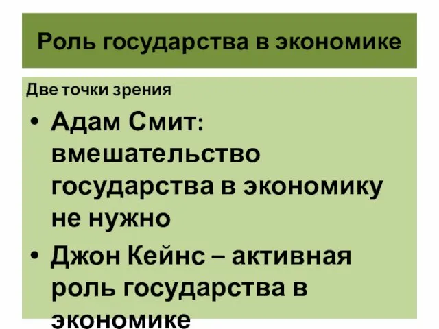 Роль государства в экономике Две точки зрения Адам Смит: вмешательство государства