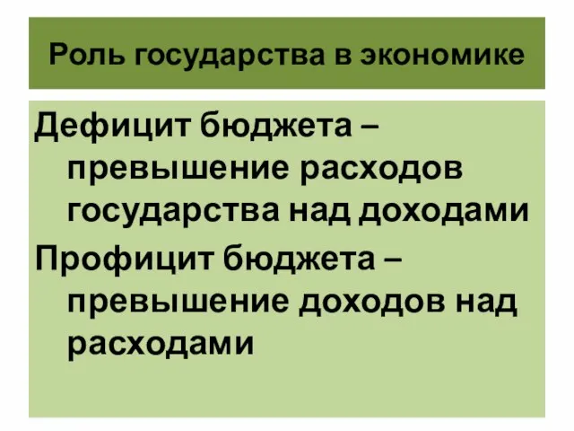 Роль государства в экономике Дефицит бюджета – превышение расходов государства над