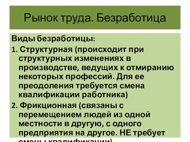 Рынок труда. Безработица Виды безработицы: 1. Структурная (происходит при структурных изменениях