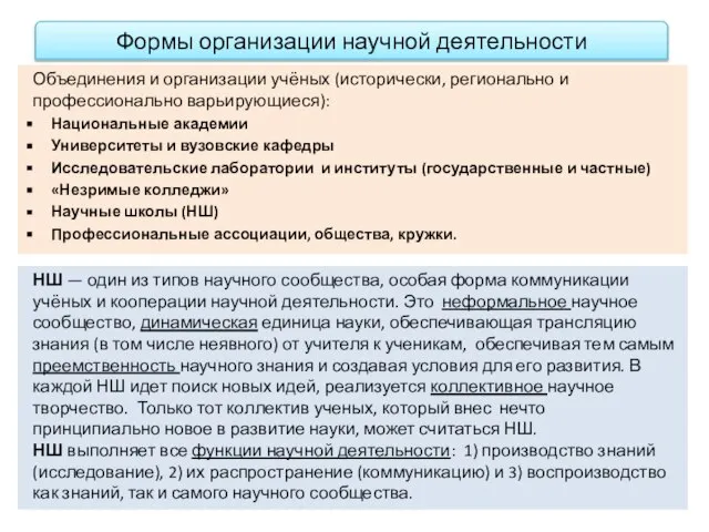 Формы организации научной деятельности Объединения и организации учёных (исторически, регионально и