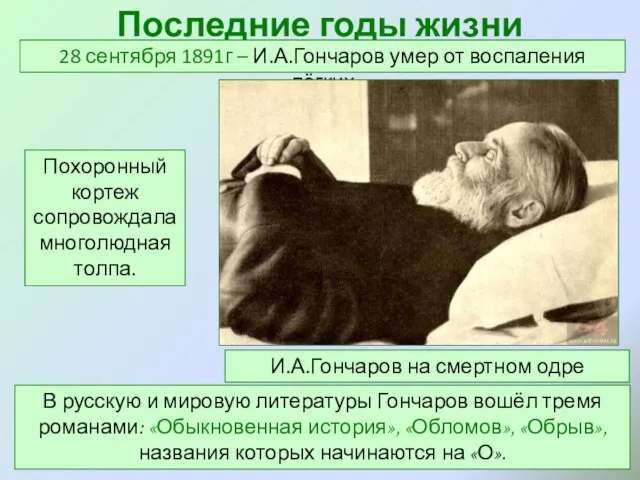 Последние годы жизни 28 сентября 1891г – И.А.Гончаров умер от воспаления